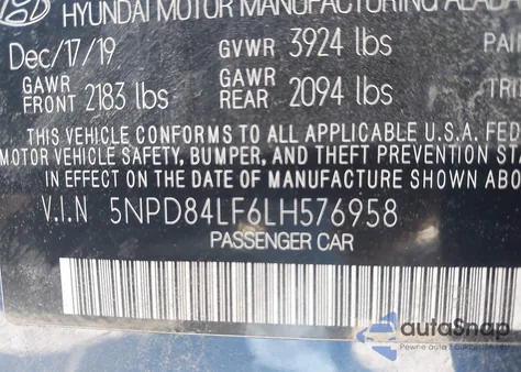 2020 Hyundai Elantra Limited z USA, uszkodzony, nr VIN 5NPD84LF6LH576958